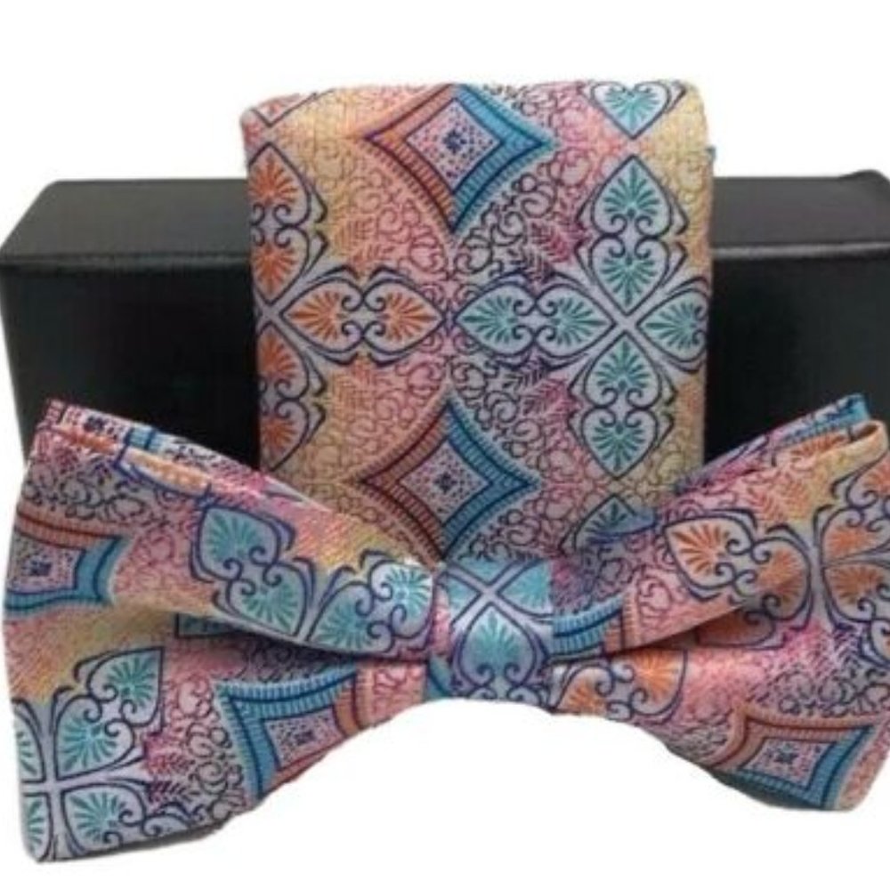 Barcelona Men's Bow Tie Hanky Set Teal Royal Blue Yellow Fuchsia Silver